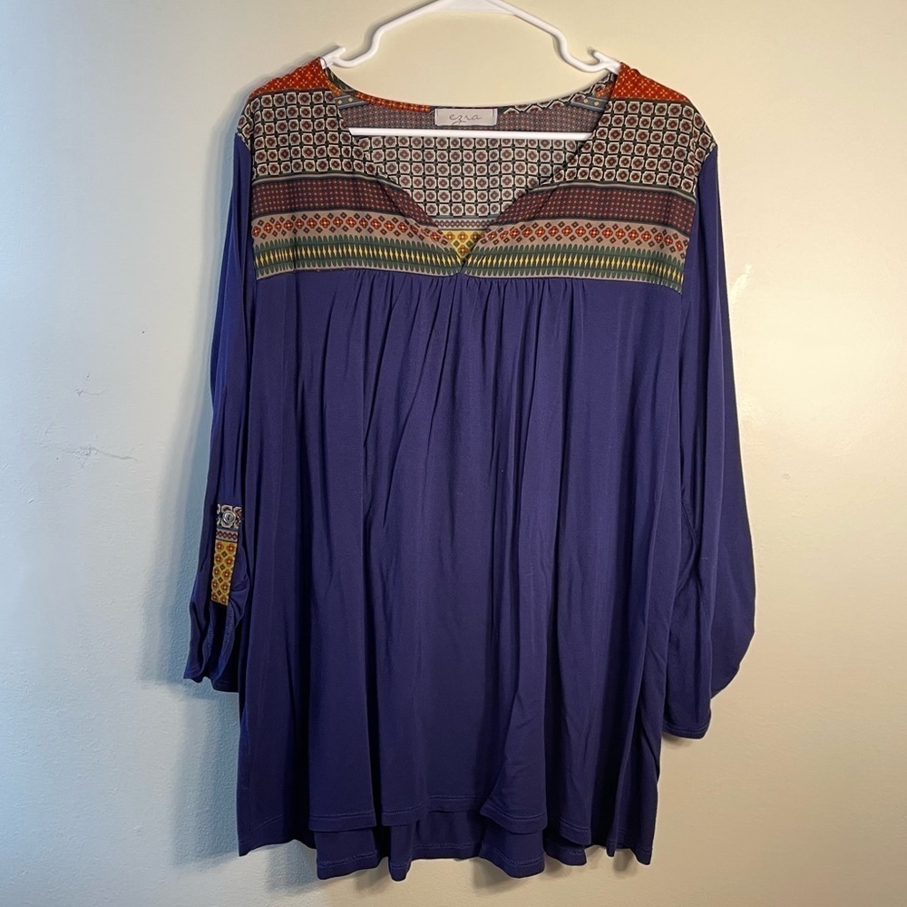 ezra Boho Shift Long Sleeve Blouse V-Neck Unique Women's Shirt Navy Blue Top